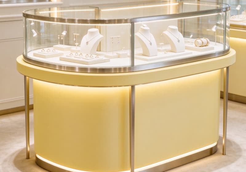 Pastel Yellow L‑Shape Curved Glass Jewelry Island Showcase