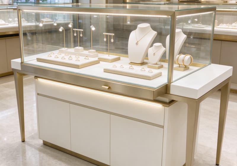 Luxury White‑Gold Tone Rectangular Jewelry Display Counter For High‑End Boutique