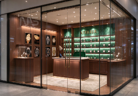 Small Watch Boutique Interior | Emerald Green Backlit Wall Display + Walnut Sales Counter