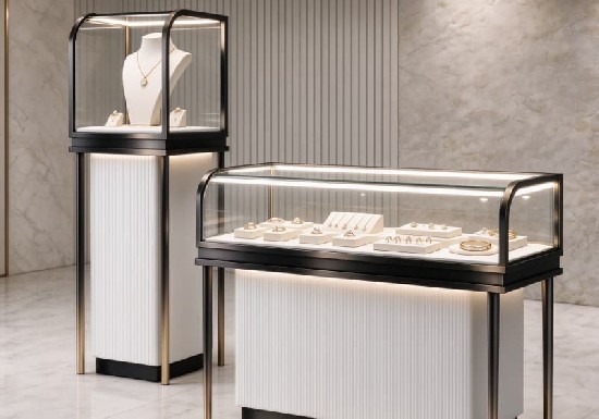 Modern Black Metal Frame Fluted White Jewelry Display Counter And Pedestal Set