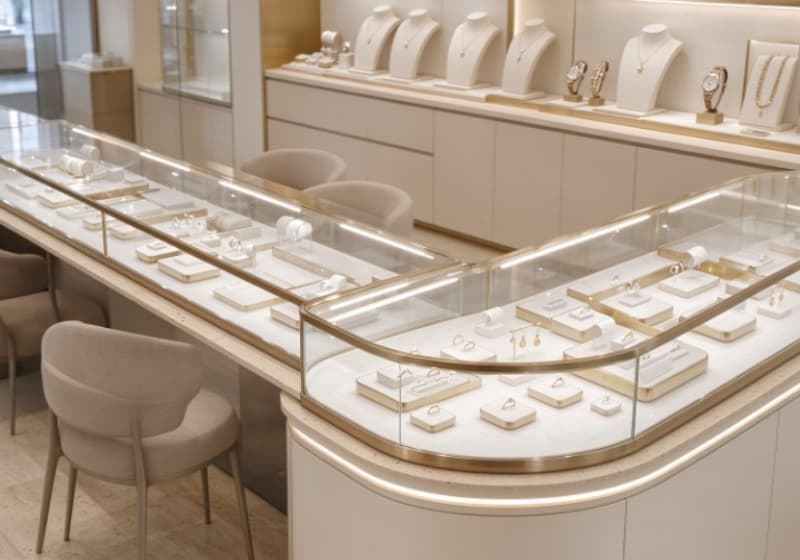 Elegant Cream Gold Trim Complete Jewelry Store Interior Display Cabinet Solution