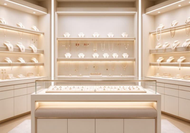 Soft Beige Minimalist Full‑Set Jewelry Boutique Interior Display Cabinet Solution
