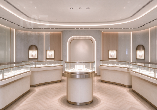 Interior view of cream light luxury jewelry boutique