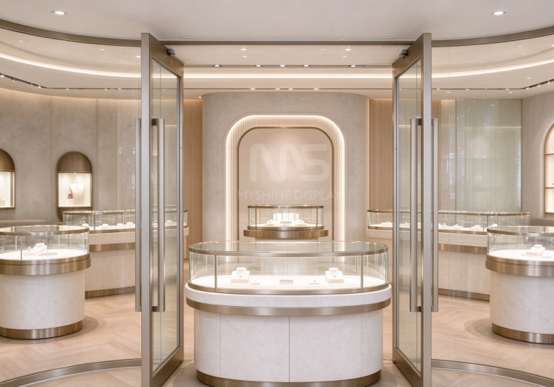 Interior view of cream light luxury jewelry boutique