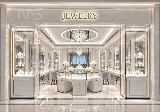White Jewelry Store Interior with Custom Display Cases