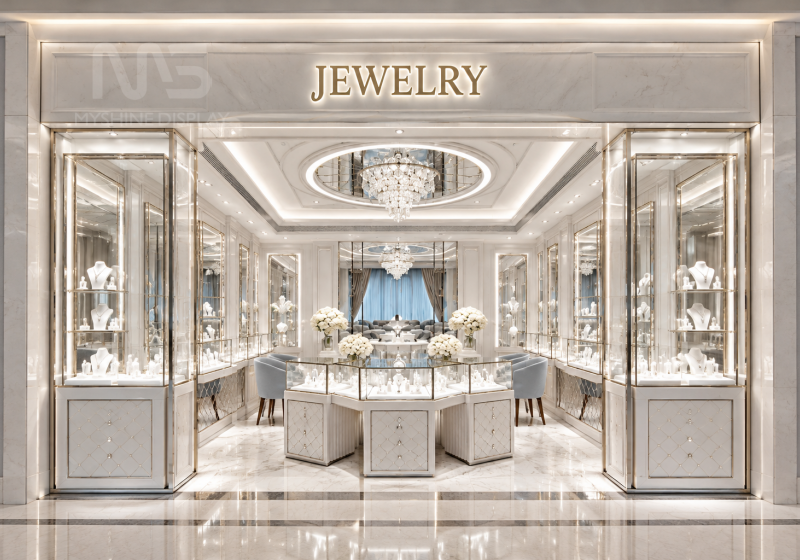 White Jewelry Store Interior with Custom Display Cases