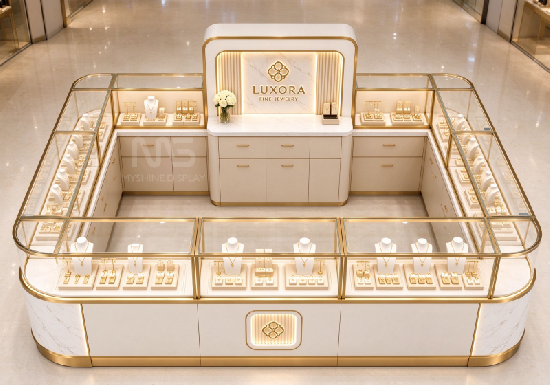 Custom Mall Jewelry Kiosk | Luxury Cream & Gold Design