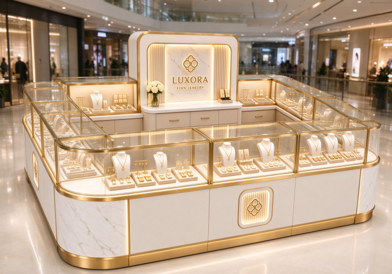 Custom Mall Jewelry Kiosk | Luxury Cream & Gold Design