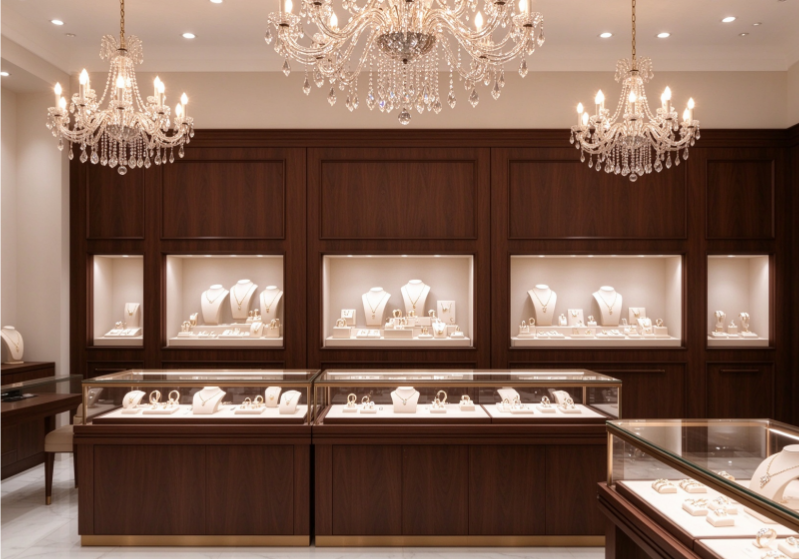 Classic Dark Wood Luxury Jewelry Store Fit-out, Built-in Wall Niches & Glass Top Jewelry Island Counters