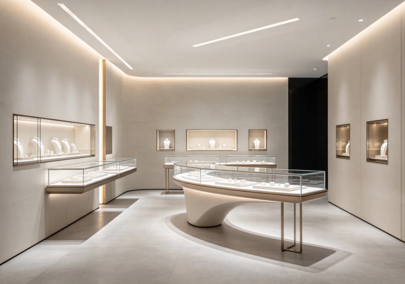 Curved Luxury Jewellery Display Counters for High-End Boutique Interior