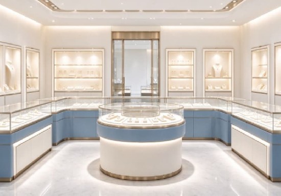 Light Blue White Luxury Jewelry Store Display Furniture Set