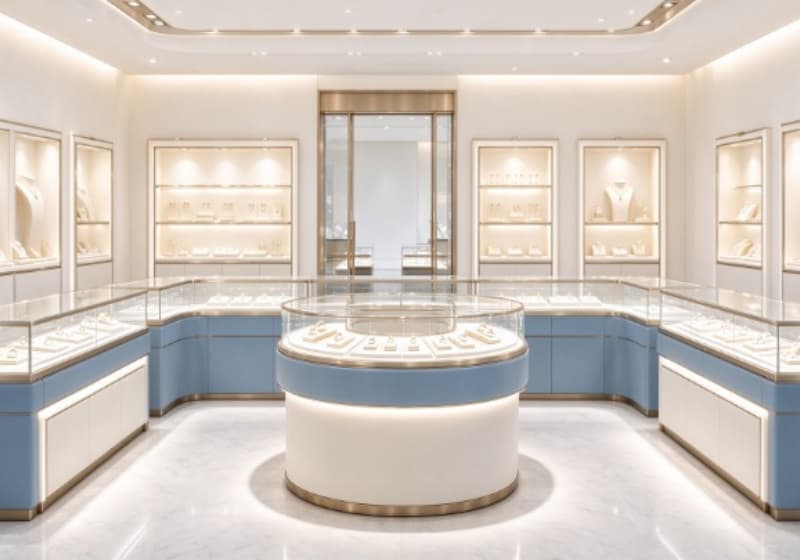Light Blue White Luxury Jewelry Store Display Furniture Set