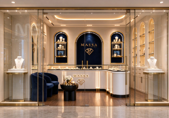 Navy Blue & Gold Arched Jewelry Store Display Solution