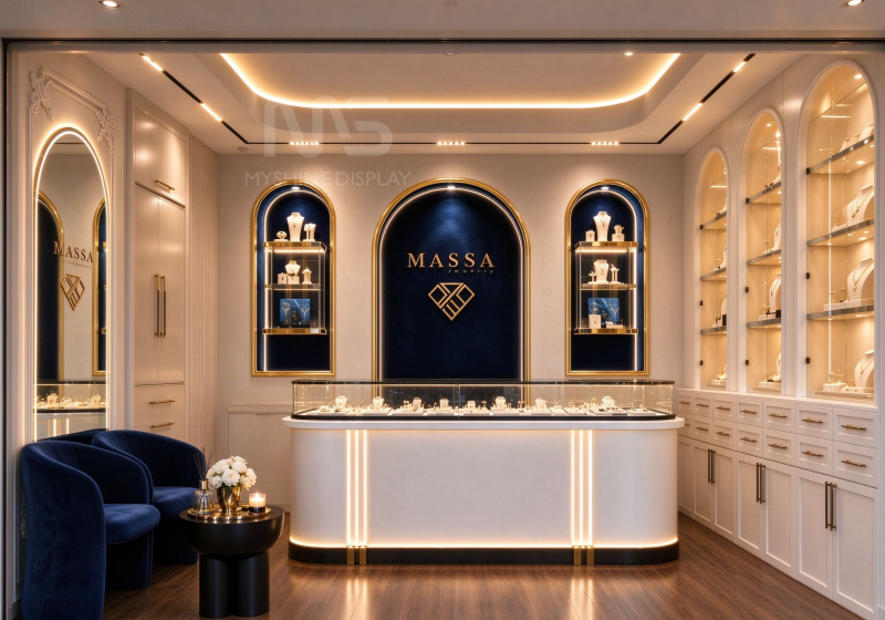 Navy Blue & Gold Arched Jewelry Store Display Solution