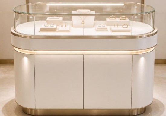 Luxury Oval White Gold Trim Jewelry Display Cabinet