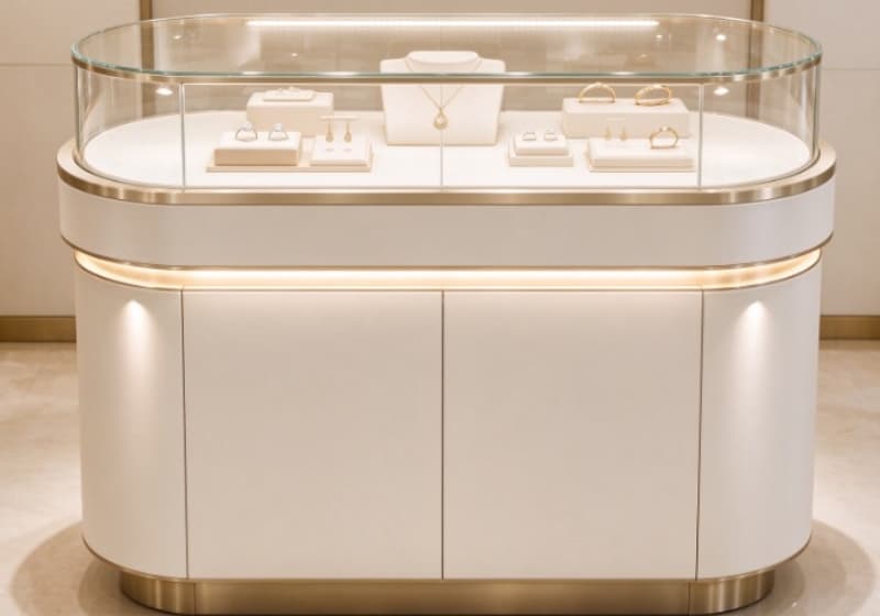 Luxury Oval White Gold Trim Jewelry Display Cabinet