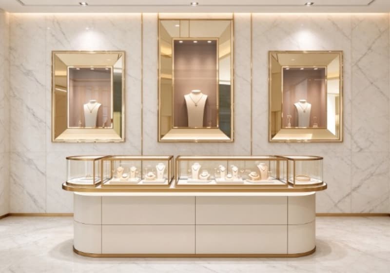 Curved Luxury Jewelry Display Counter Solution