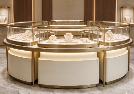 Luxury Curved Gold Frame Jewelry Island Display Cabinet