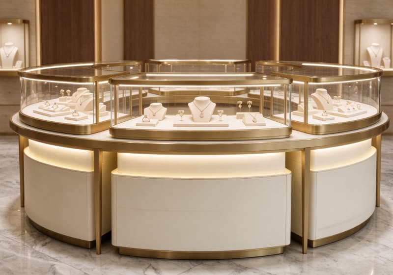 Luxury Curved Gold Frame Jewelry Island Display Cabinet
