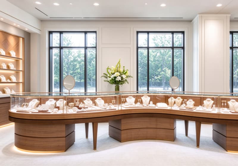 Natural Wood Curved Luxury Jewelry Display Counter