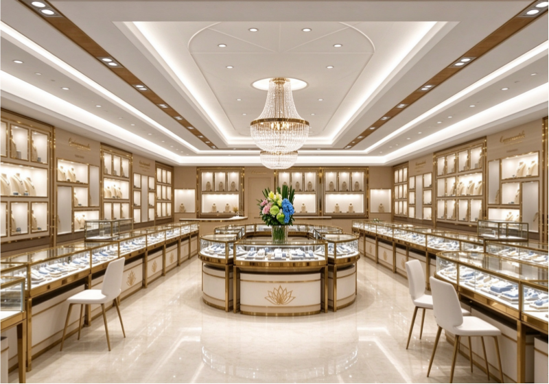 Luxury Custom Jewelry Store Interior Design High-End Gold Display Cabinets for Jewellery Boutique