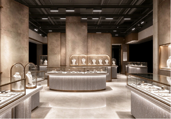Modern Luxury Jewellery Store Fit-out, Textured Curved Display Counters with Brass Trim