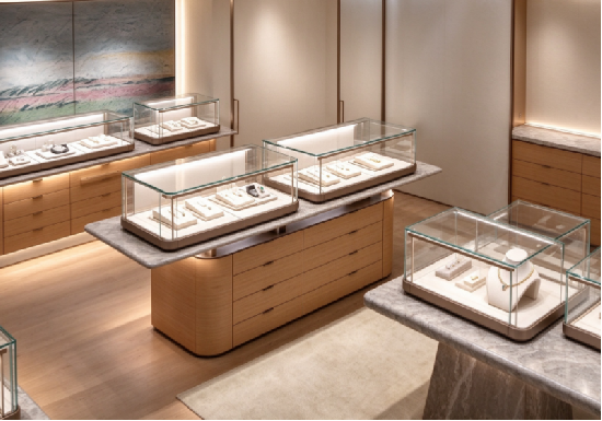Warm Wood Tone Luxury Jewellery Showcases, Marble Top Display Counters for Boutique Retail