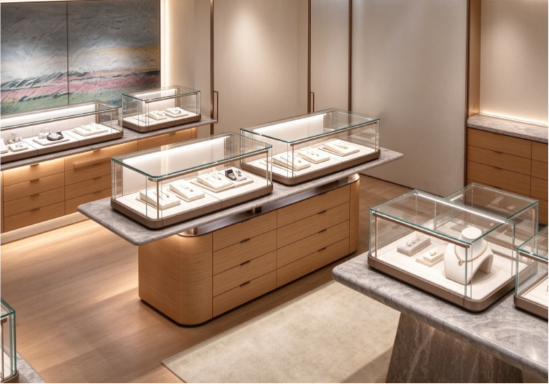 Warm Wood Tone Luxury Jewellery Showcases, Marble Top Display Counters for Boutique Retail