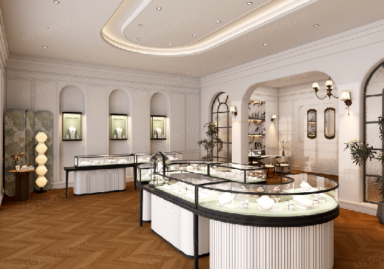 French Classic Vintage Jewelry Store Interior | Custom Curved Jewelry Display Counters
