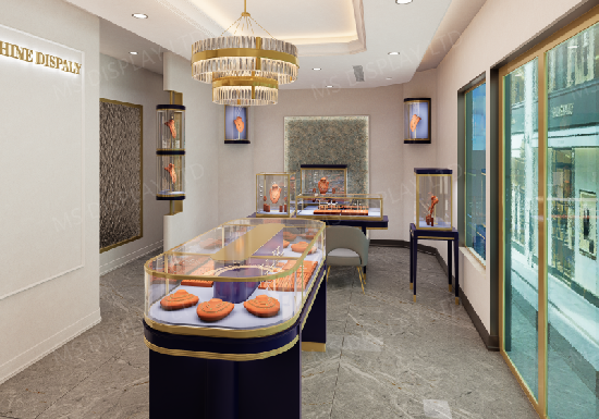 Modern Luxury High-End Jewelry Boutique Design | Navy Blue & Gold Jewellery Display Counters